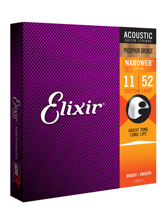 Elixir 16027 Nanoweb Phosphor Bronze Acoustic Guitar String Set Custom Light 11-52