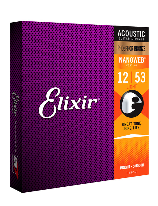 Elixir 16052 Nanoweb Phosphor Bronze Acoustic Guitar String Set Light 12-53